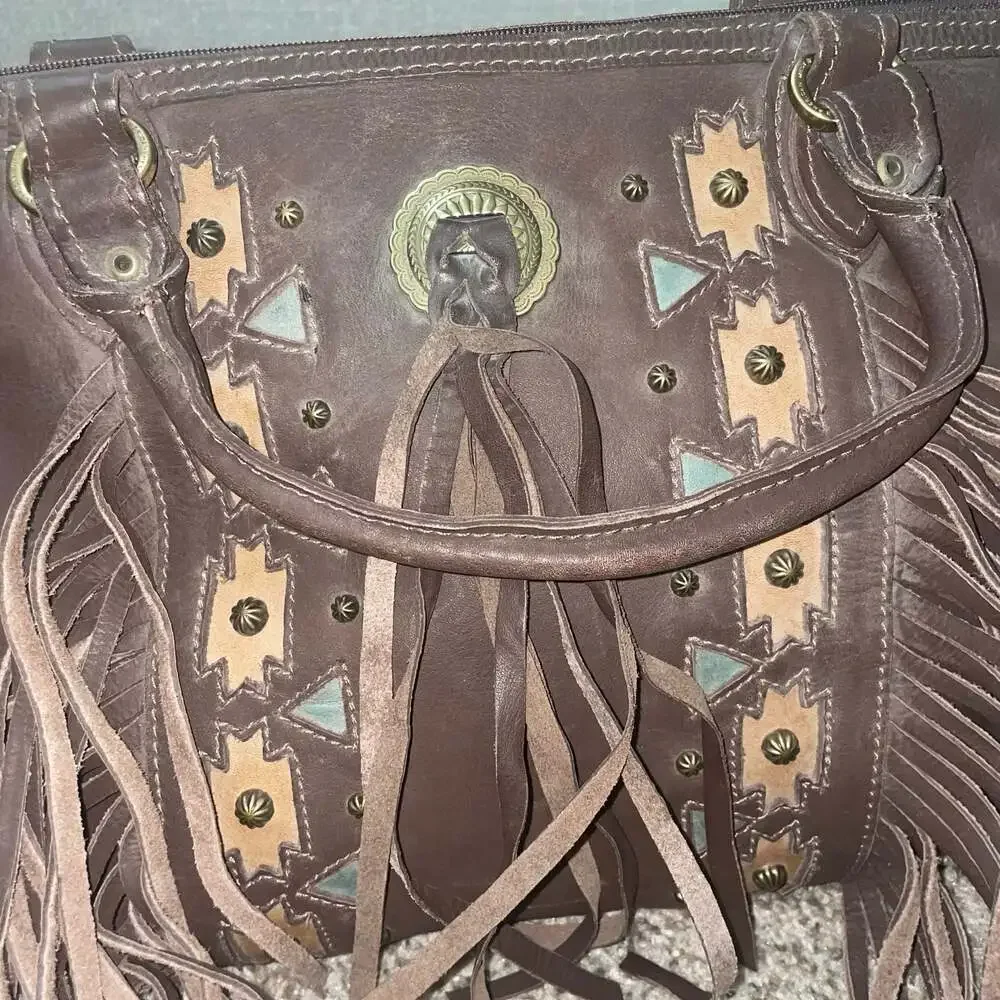 American West Brown Leather Fringe Western, Turquoise, Boho - Picture 3 of 11